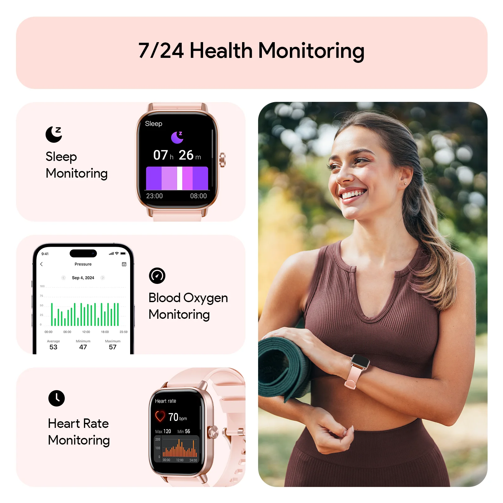 Tranya D16 Smartwatch® Fitness for Female and Male, Supports Bluetooth Calling, 24/7 Heart Rate Monitoring, Blood Oxygen Monitoring, Sleep and Step Tracking, 100 Sports Modes, IP68 Waterproof Fitness Tracker, Compatible with Android and iOS Systems - Image 5